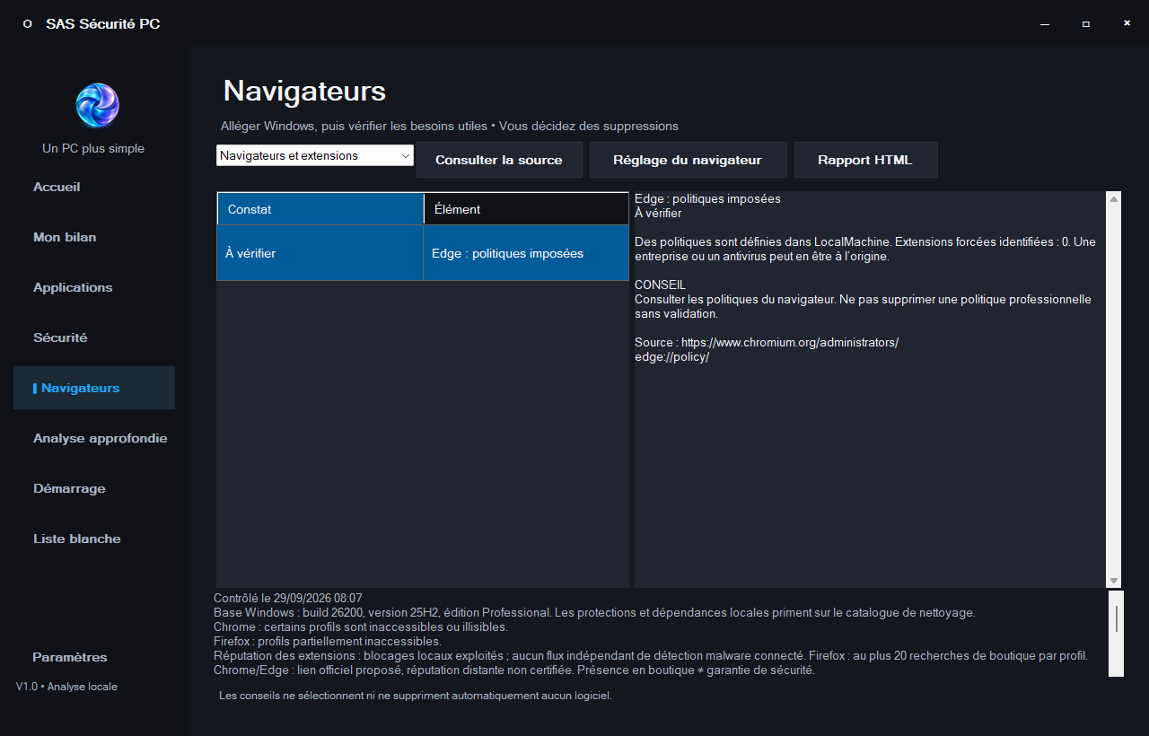 SAS Sécurité PC : contrôles des navigateurs