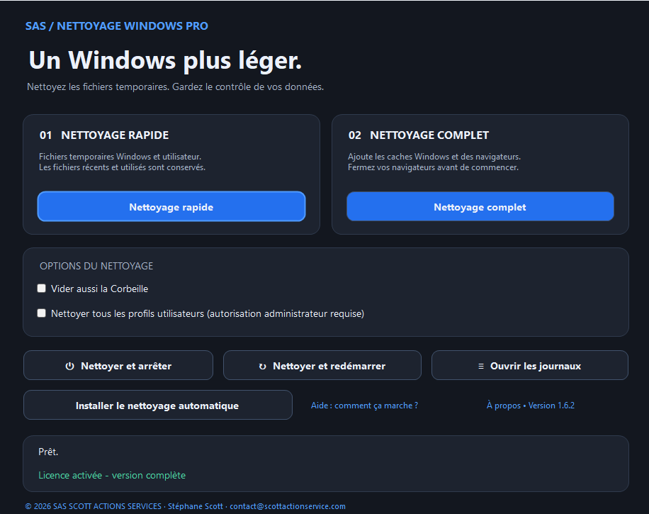 Interface de SAS Nettoyage Windows Pro : nettoyage rapide ou complet, arrêt ou redémarrage du PC et accès aux journaux.