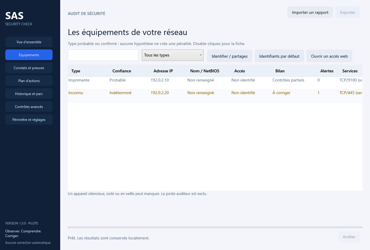 SAS Security Check : liste des équipements réseau de démonstration